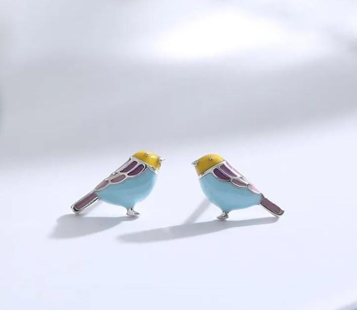 Silver Enamel Bird Earrings