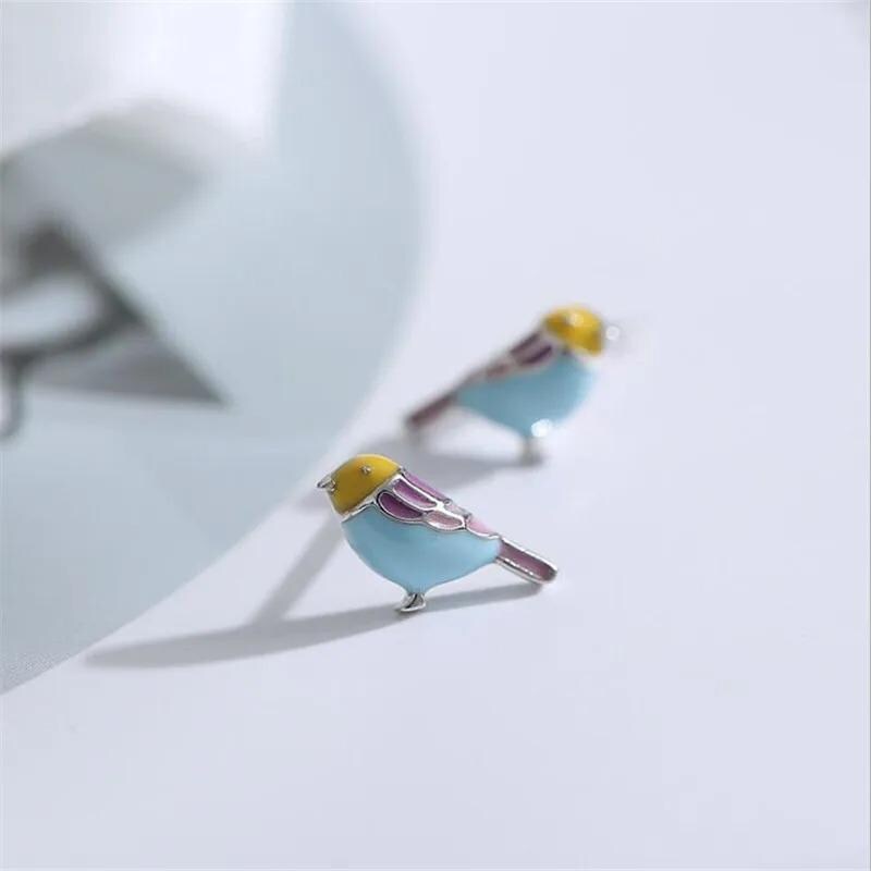 Silver Enamel Bird Earrings
